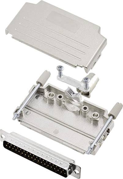The image shows a disassembled D-sub connector: housing parts, screws, mounting brackets, and the connector itself are visible.