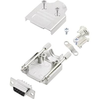 Disassembled metal housing of a D-Sub connector with screws and sleeve. Upper and lower parts displaying the assembly components.