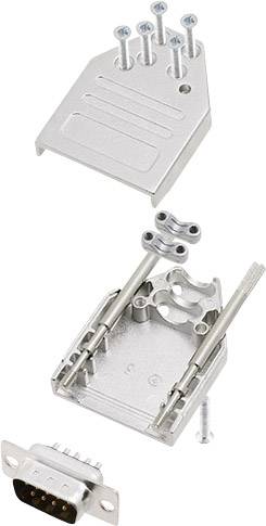 Dismountable housing kit for a D-Sub connector, comprising a metal cover, screws, and D-Sub plug in an unassembled state.