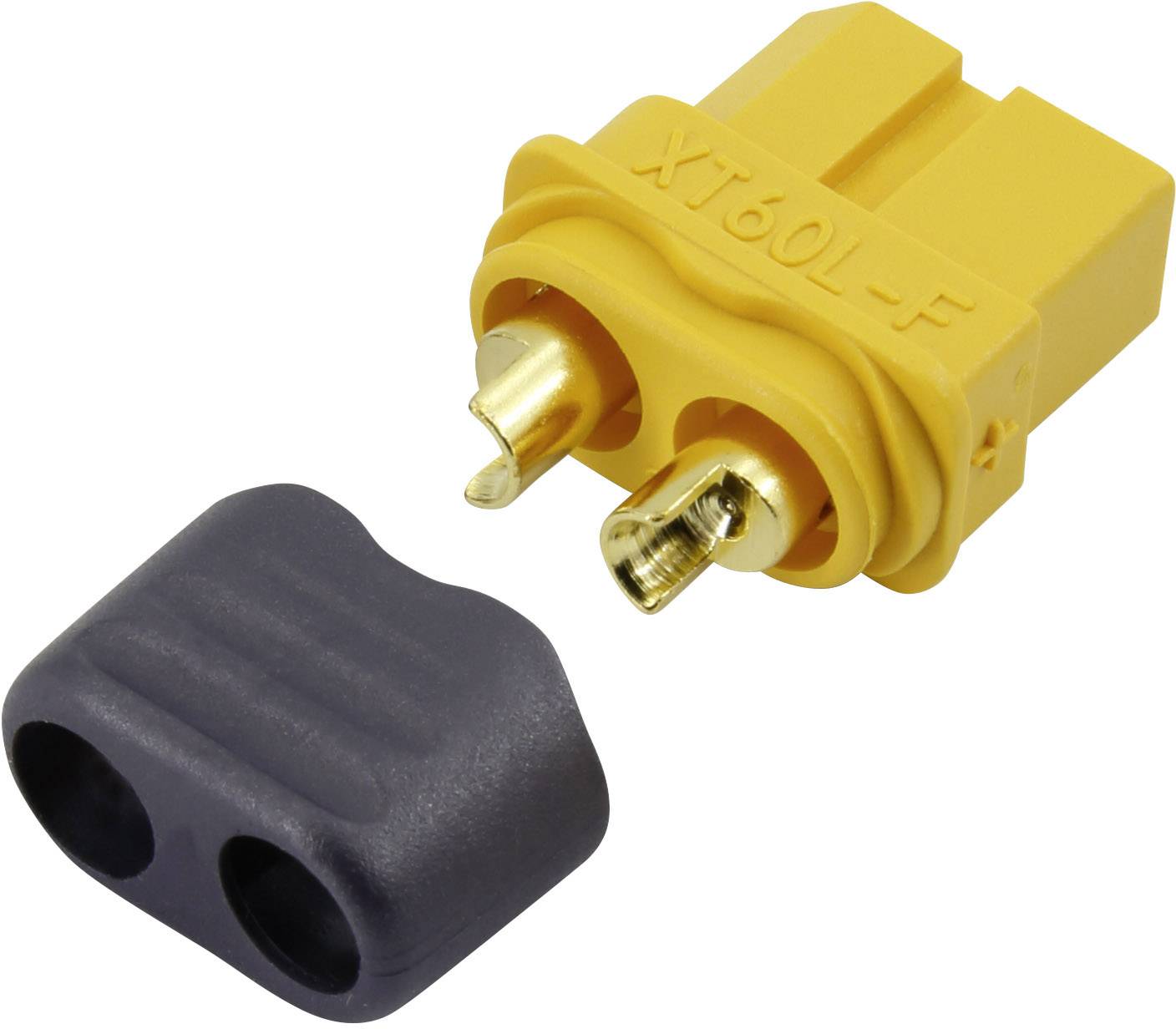 Yellow XT60L-F connector with two metal pins and grey cover, typical for connecting high-current electronic components.