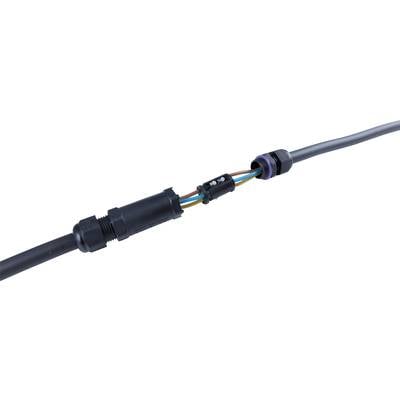 A black electric cable with a connector piece revealing multiple coloured wires.
