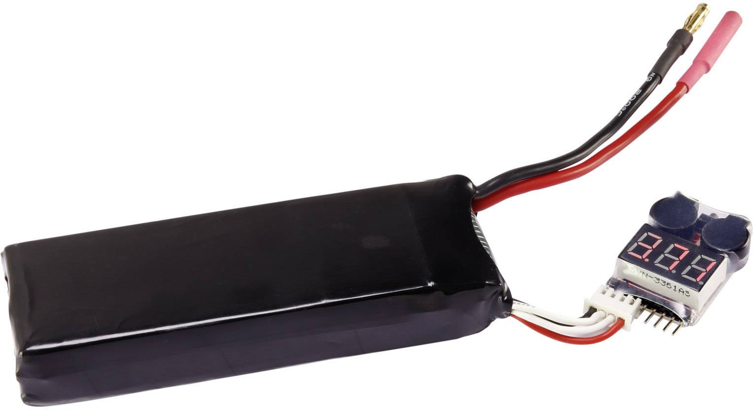 'LiPo battery with connecting cables and digital voltage meter. The reading on the display is 8.4 volts.'