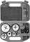 Hole saw set in an open grey plastic case. Contains various hole saws, an Allen key and adapters.