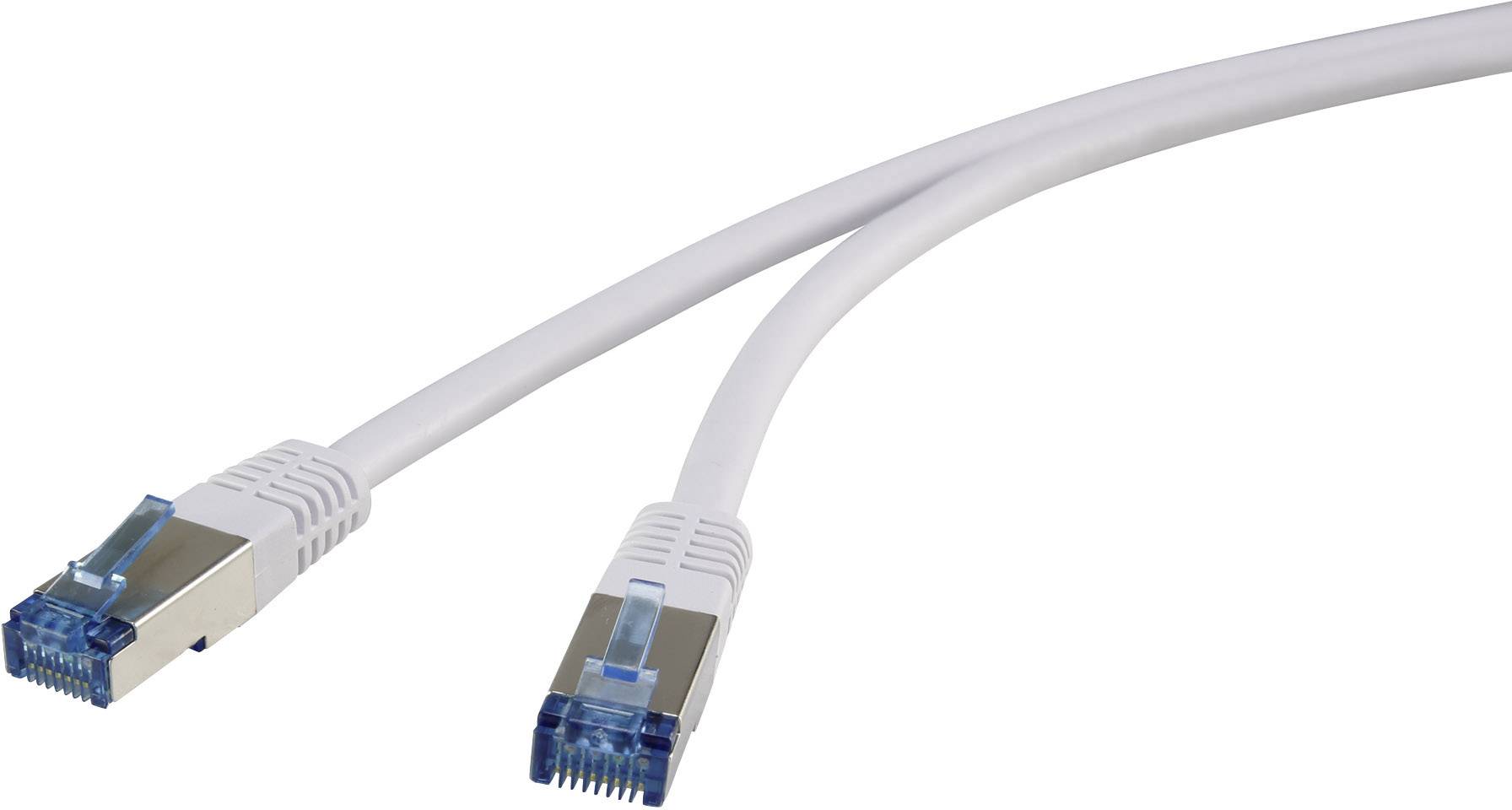 A white Ethernet cable with two blue connectors at its ends.
