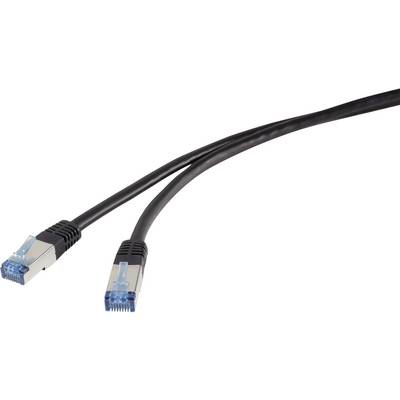 Black network cable with two RJ45 plugs, suitable for internet connections or computer networks.