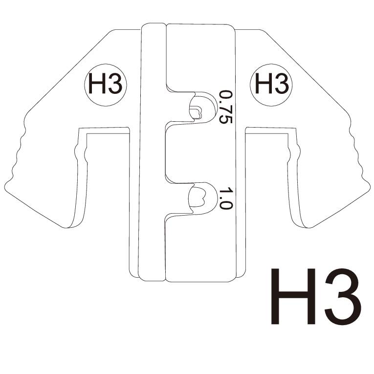 Technical drawing of a connector marked with 'H3' and numbers '075' and '010', showing symmetry and structural details.
