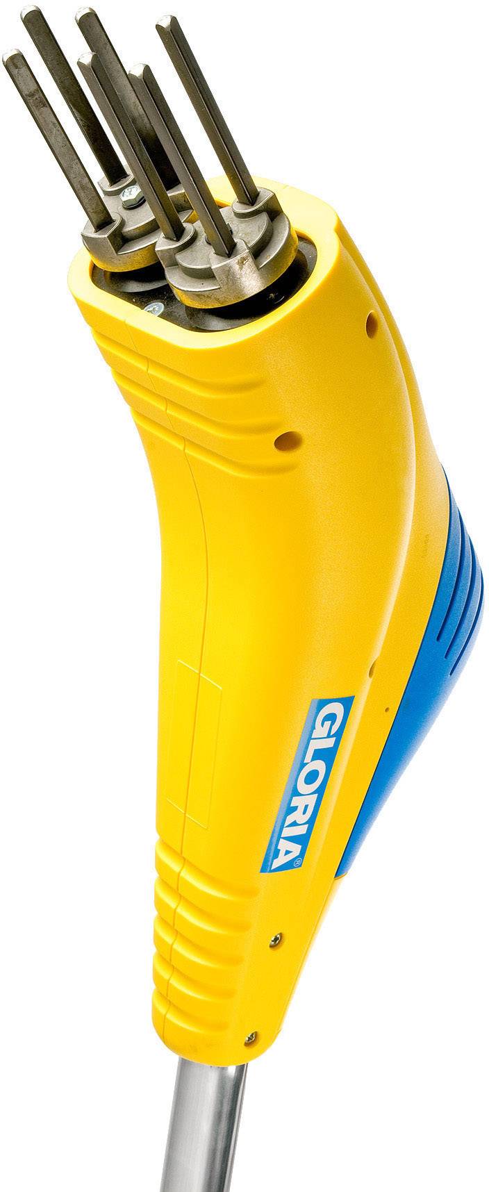A yellow and blue garden tool with multiple metal prongs at the top, possibly for removing weeds. The brand name 'GLORIA' is visible.