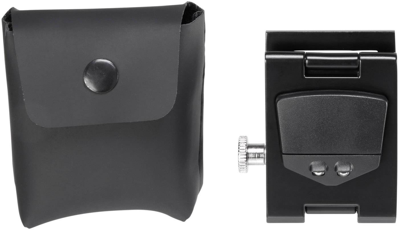 Black leather bag with a press stud next to a black mounting clip with a screw, suitable for camera accessories.