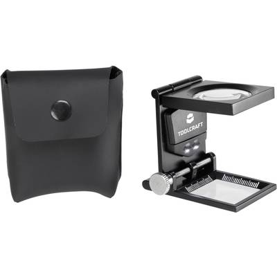 Portable magnifying glass with LED light and focus wheel, next to black protective case. Perfect for detailed views while travelling.