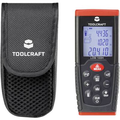 Toolcraft Distance Meter LDM 100H next to a black protective case. The display shows multiple distances and symbols.