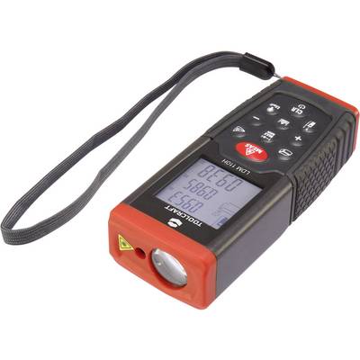 Compact digital laser distance meter with display, multiple buttons and a carrying loop, suitable for precise measurements.