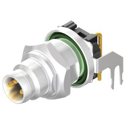 Socket with a silver housing and three golden contacts, green sealing ring and black plastic component, side-mounted.
