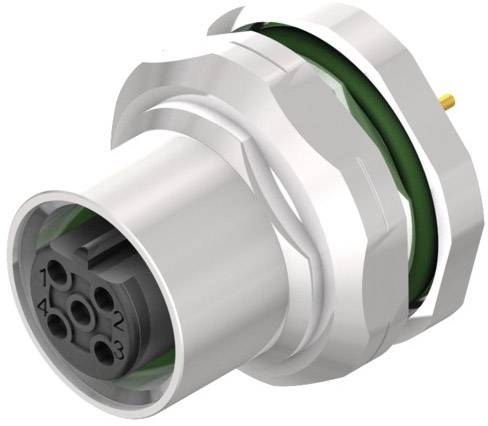 A silver round connector with multiple sockets and a green sealing ring, from an electrical device.