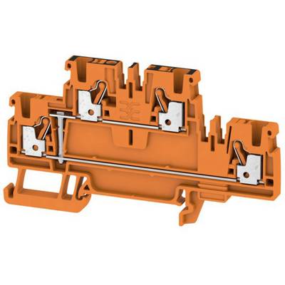 Orange terminal block with metal connections, suitable for electrical cable connections in control panels or other electrical applications.