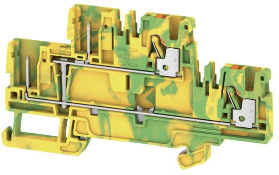 A yellow-green plastic insulated terminal block with two metal clips, used for connecting electrical conductors.