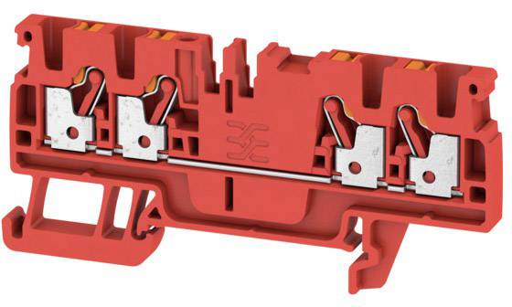 Red terminal block with metallic contacts and levers. Suitable for connecting electrical conductors in control cabinets.