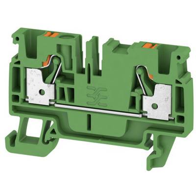 Green terminal block with metal components, used for securing and connecting electrical cables in control cabinets.