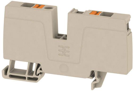 Grey electrical terminal block with two wires, an associated mounting mechanism and central logo.