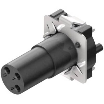 A black cylindrical electrical connector with four numbered terminals, mounted on a rectangular bracket.