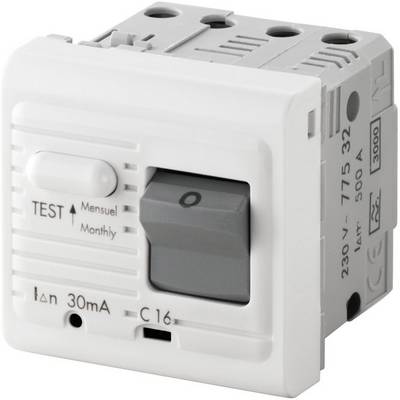 A white safety circuit breaker with a grey switch. Labelling: 'TEST', 'Monthly', '30mA', 'C 16', '230V~', '500A'.