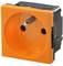Pictured is an orange electrical socket with two openings and an earth pin for use in electrical installations.