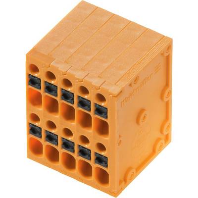A square, orange electrical connector with multiple terminal blocks, marked on one side.