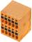 A square, orange electrical connector with multiple terminal blocks, marked on one side.