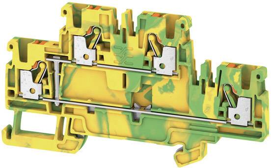 'Green-yellow terminal block with metal rails, for secure electrical connection in control cabinets.'