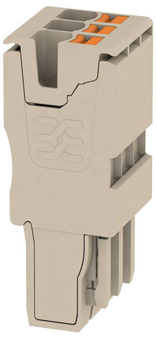 An electrical connector element with multiple terminals, comprising grey plastic and orange components for wiring.