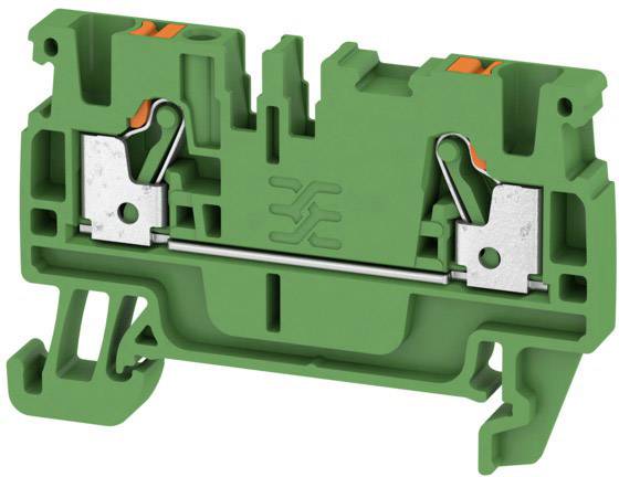 Green terminal block for electrical connection of conductors, with metal parts for mounting and small lever mechanism.