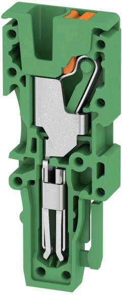 Green, vertical electrical connecting element with metallic contacts and terminals, open for cable connection.