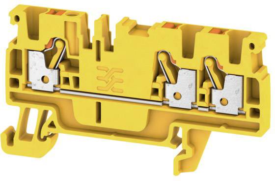 Yellow terminal block with two levers and metal contacts, used for connecting electrical conductors in switchboard technology.