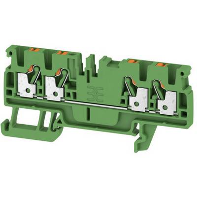 Green two-tier terminal block with metallic contacts and cable connection points. Used for electrical connections.