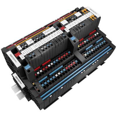 A modular automation system in black with marked connections and colour-coded modules for industrial applications.