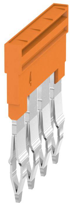 An orange, rectangular electrical connector with five silver pins. It is used to connect electronic components.