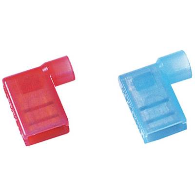 Two isolated flat connectors, one red and one blue, are lying next to each other. They are electrical and used for cable connection.