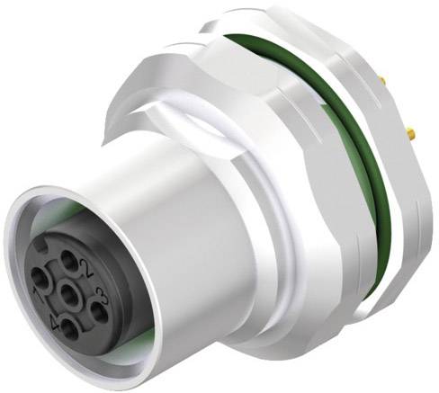 Cylindrical connector with five holes, silver metal housing, green sealing ring; electrical device component.