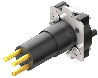A black, cylindrical connector with three gold-coloured pins and a silver mounting flange.