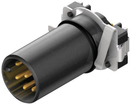 A black cylindrical plug with six golden pins and a silver mounting clip on the side.