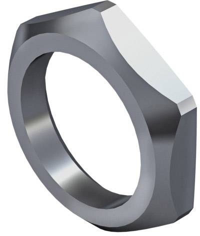 A dark, geometrically shaped ring with faceted edges and a gleaming, metallic finish.