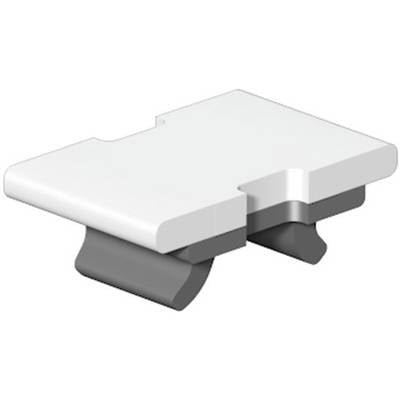 A white plastic component with two grey clips on the underside, used for secure mounting on flat surfaces.