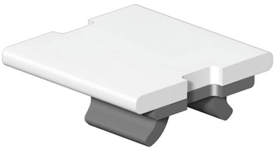 A white, rectangular building component with two grey clips on the underside, potentially a connecting element or accessory part.