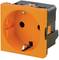 An orange socket, square in shape, with two round holes and an earth contact at the top. Ideal for technical installations.