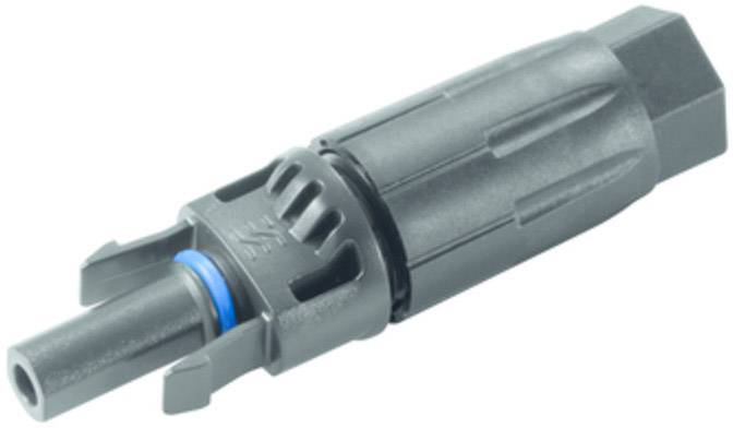 Black cylindrical connector with a blue seal, commonly used in solar installations.