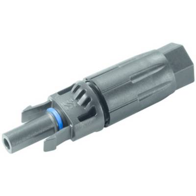 Black cylindrical connector with a blue seal, commonly used in solar installations.