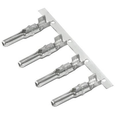 Four silver metal contacts, arranged side by side, fastened to a narrow strip.