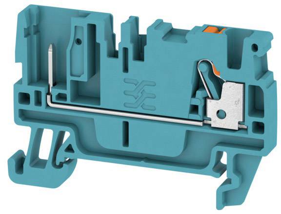 A turquoise electrical connector viewed from the side, with metallic contacts and mounting elements.