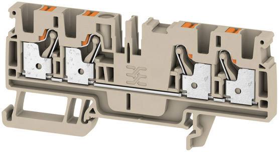 Beige terminal block with two metal contact points and levers. Used for connecting electrical wires in electrical cabinets.