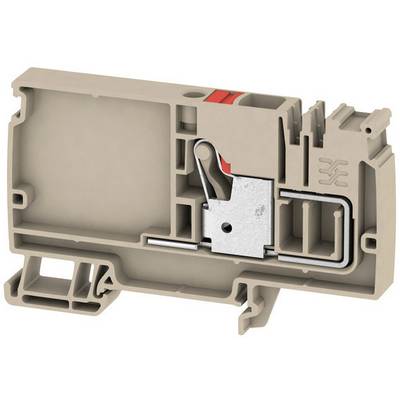 A brown electrical terminal block with a metal element inside, suitable for conductor connections in control panels.