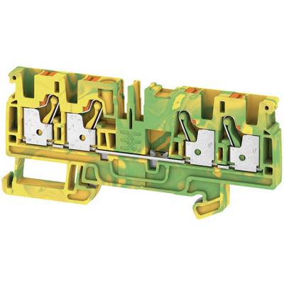 Yellow-green, multi-pole, insulated terminal strip with metal inserts. Used for electrical connections in control cabinets.